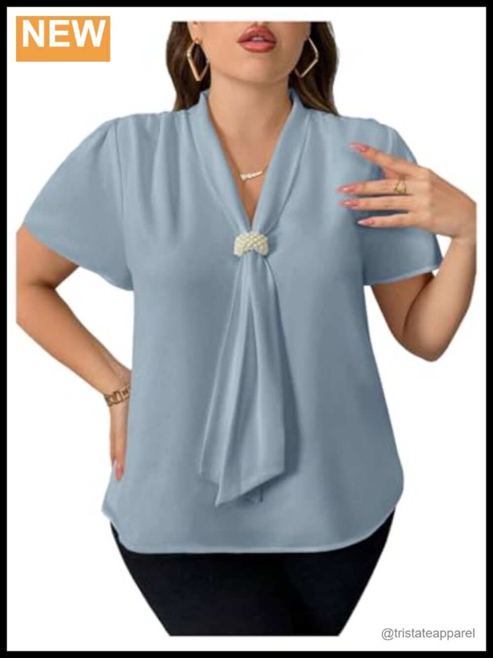 Plus Size Pearl Tie Neck Blouse Short Sleeve Polyester Business Casual Work Top